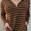 Brown Striped Knit Quarter Zip Hoodie