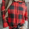 Red Christmas Plaid Striped Patchwork Drawstring Hoodie