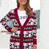 Red Elk Printed Long Sleeves Knitting Mid-length Christmas Cardigan