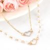 Gold 2pcs Rhinestone Heart Decor Faux Pearl Necklace