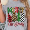 Gray Merry Christmas Tree Pattern Print Crew Neck Graphic Tee