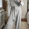 Gray Ribbed Knit Belted Wide Leg Jumpsuit