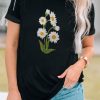 Black Daisy Embroidered Crew Neck Short Sleeve T Shirt