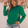 Green Satin Cuffed Sleeve Long Sleeve Top