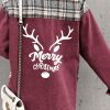 Red Plaid Patchwork Christmas Elk Graphic Print Denim Jacket