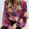 Purple Graffiti Printed V Neck Puff Sleeve Blouse