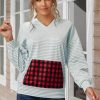 V-neck Puff Sleeve Stripe Hoodie With Plaid Pocket