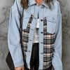 Sky Blue Plaid Patchwork Raw Hem Denim Jacket