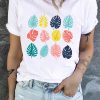 White Tropical Palm Leaves Print Crew Neck Graphic T Shirt