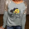 Gray Almost Fall Graphic Sequin Shoulder Long Sleeve Top