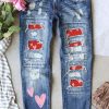 Sky Blue Heart Shaped Patchwork Straight Leg Distressed Jeans