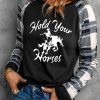 Hold Your Horses Funny Print Plaid Raglan Sleeve Pullover