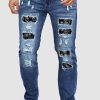 Sky Blue Skulls Print Patched Mens Distressed Jeans