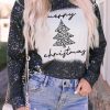 Black Merry Christmas Leopard Tree Bleached Long Sleeve Top