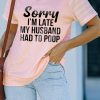 Pink Sorry Letter Print Striped Short Sleeve T Shirt