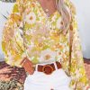 Yellow Floral Print V Neck Long Puff Sleeve Top