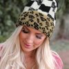 Black Plaid Leopard Patchwork Pom Knit Beanie Hat