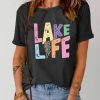 Black LAKE LIFE O-neck Short Sleeve T Shirt