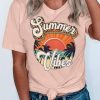 Pink Summer Vibes Scenery Graphic Print Short Sleeve T Shirt