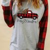 Gray Merry Christmas Truck Plaid Patchwork Pullover Sweatshirt