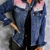 Blue Leopard Patchwork Raw Hem Distressed Denim Jacket