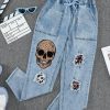 Leopard Skull Patchwork Pocketed Jeans