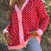 Rose Geometric Print Buttoned V Neck Cardigan