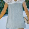 Gray  GOOD TIME Tie Dyed Print Lace Patchwork V Neck T Shirt