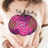 Pink Leopard Pumpkin Shape Print Crew Neck Graphic Tee