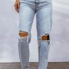 Sky Blue Hollow-out Knee Ripped Boyfriend Jeans