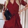 Red Bohemian Dotted Print Wrap V Neck Ruffled Mini Dress