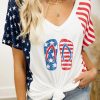 White American Flag Shoes Pattern Color Block V Neck T Shirt