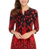 Red Floral Notch Neck Pin-tuck Tunic