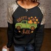 Black Happy Fall Truck Graphic Sequin Splice Pullover