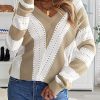 Khaki Striped Colorblock V Neck Knitted Sweater