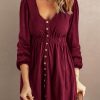 Red Button Up High Waist Long Sleeve Dress