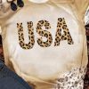 Khaki USA Letter Leopard Print Round Neck T Shirt