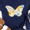 Blue Floral Butterfly Graphic Print Crew Neck T Shirt