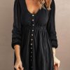 Black Button Up High Waist Long Sleeve Dress