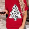 Red Leopard Christmas Tree Print Short Sleeve Graphic Tee