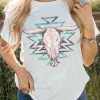 White Aztec Steer Skull Graphic Casual T Shirt