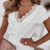 White Eyelash Lace Trim V Neck Top