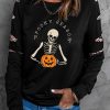 Black Skeleton Pumpkin Print Leopard Contrast Graphic Sweatshirt