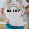 White BE YOU Rainbow Print Ripped Short Sleeve T Shirt