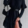 Black Ruffled V Neck Cut-out Back Elastic Waist Dress