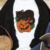 White Pumpkin Black Cat Graphic Print Short Sleeve T Shirt