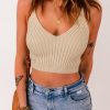 Apricot Ribbed Spaghetti Strap Cropped Knitted Tank Top