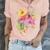 Pink Flamingo Floral Graphic Print O-neck Graphic Tee