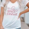 White SPACE COWBAE Striped Mesh Sleeve T Shirt