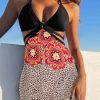 3pcs Self-tie Strap Triangle Bikini With Leopard Floral Sarong